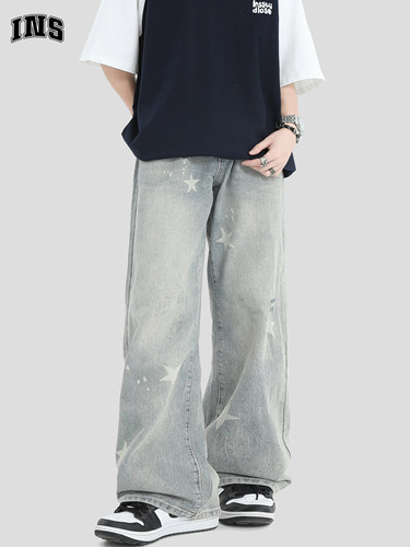 INSstudios五角星磨破洗水牛仔裤