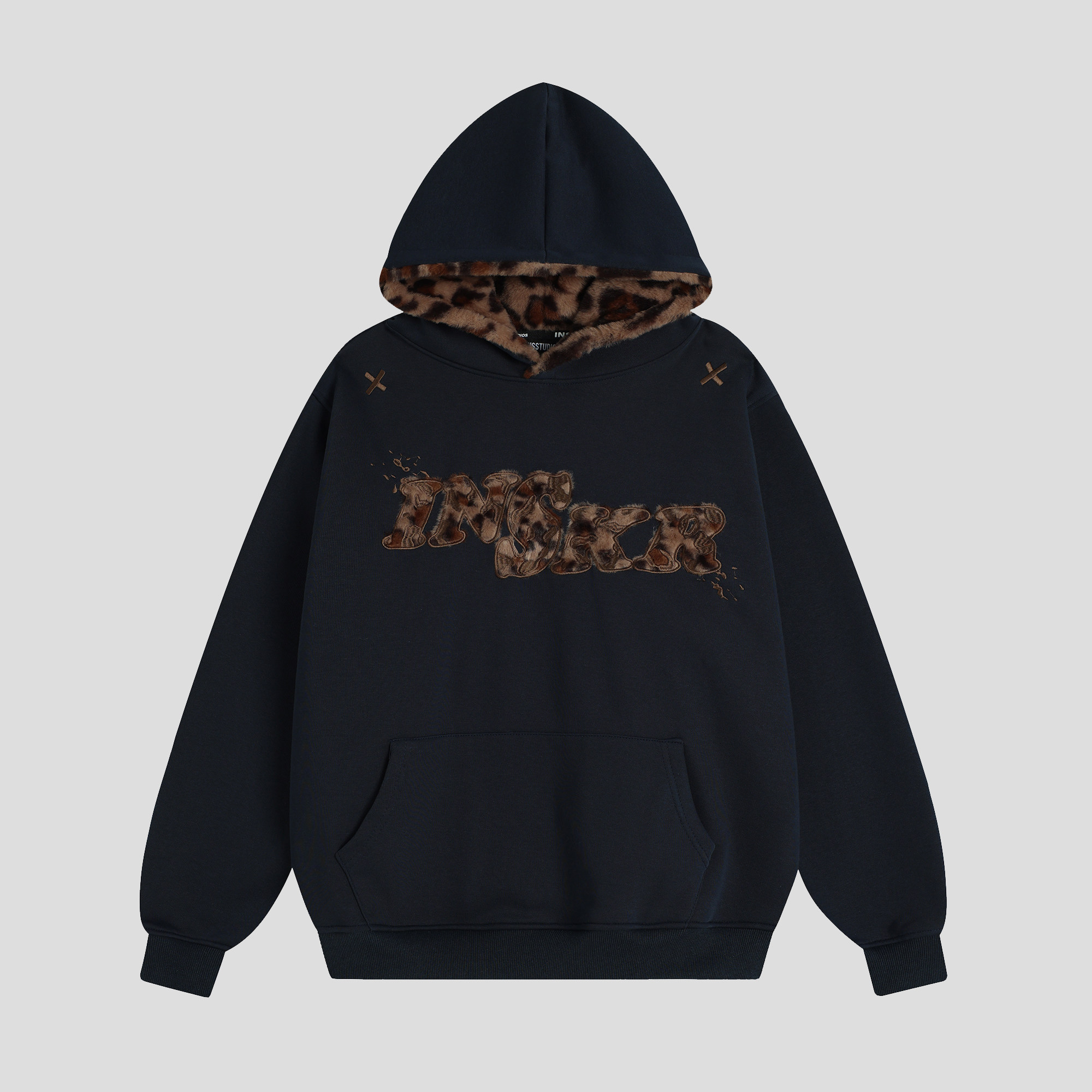thumbnail for INSstudios National Trend American Retro "Leopard Print Applique Embroidered Hooded Sweatshirt" Loose fleece hoodie