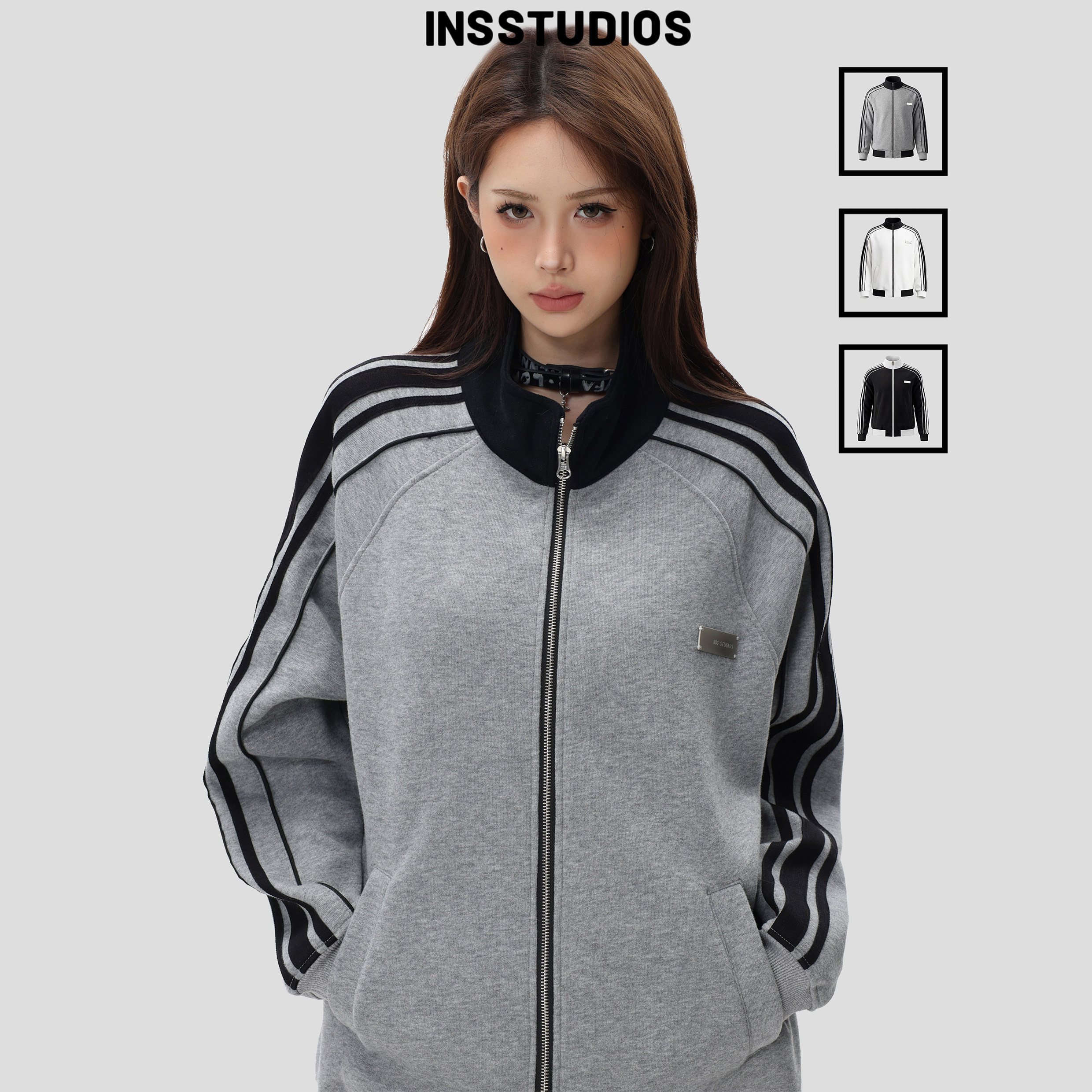 INSstudios 国潮情侣「三条杠插肩立领卫衣」春季宽松开衫外套男