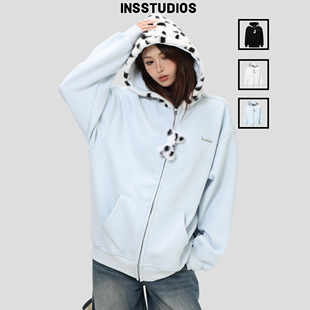 INSstudios 国潮牌美式「斑点狗拼接加绒卫衣」宽松拉链开衫外套