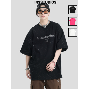 宽松运动t恤男 闪粉刺绣LOGO满天星短袖 INSstudios 国潮牌情侣美式