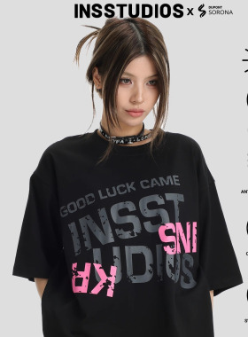 INSstudios 国潮牌情侣美式撞色字母做旧LOGO短袖宽松冰皮凉感T恤