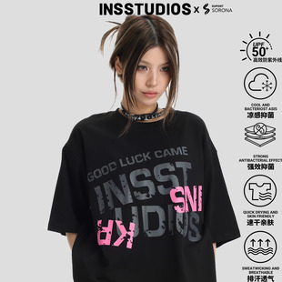 INSstudios 寬松冰皮涼感T恤 撞色字母做舊LOGO短袖 國潮牌情侶美式