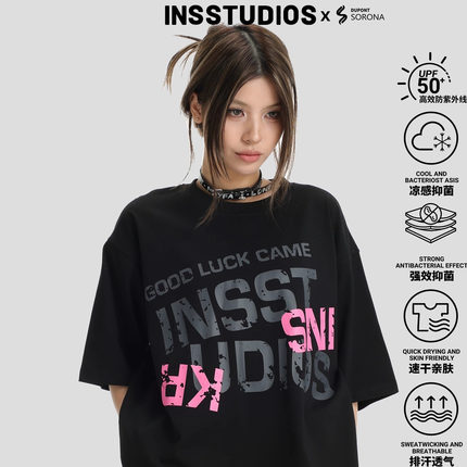 INSstudios 国潮牌情侣美式撞色字母做旧LOGO短袖宽松冰皮凉感T恤