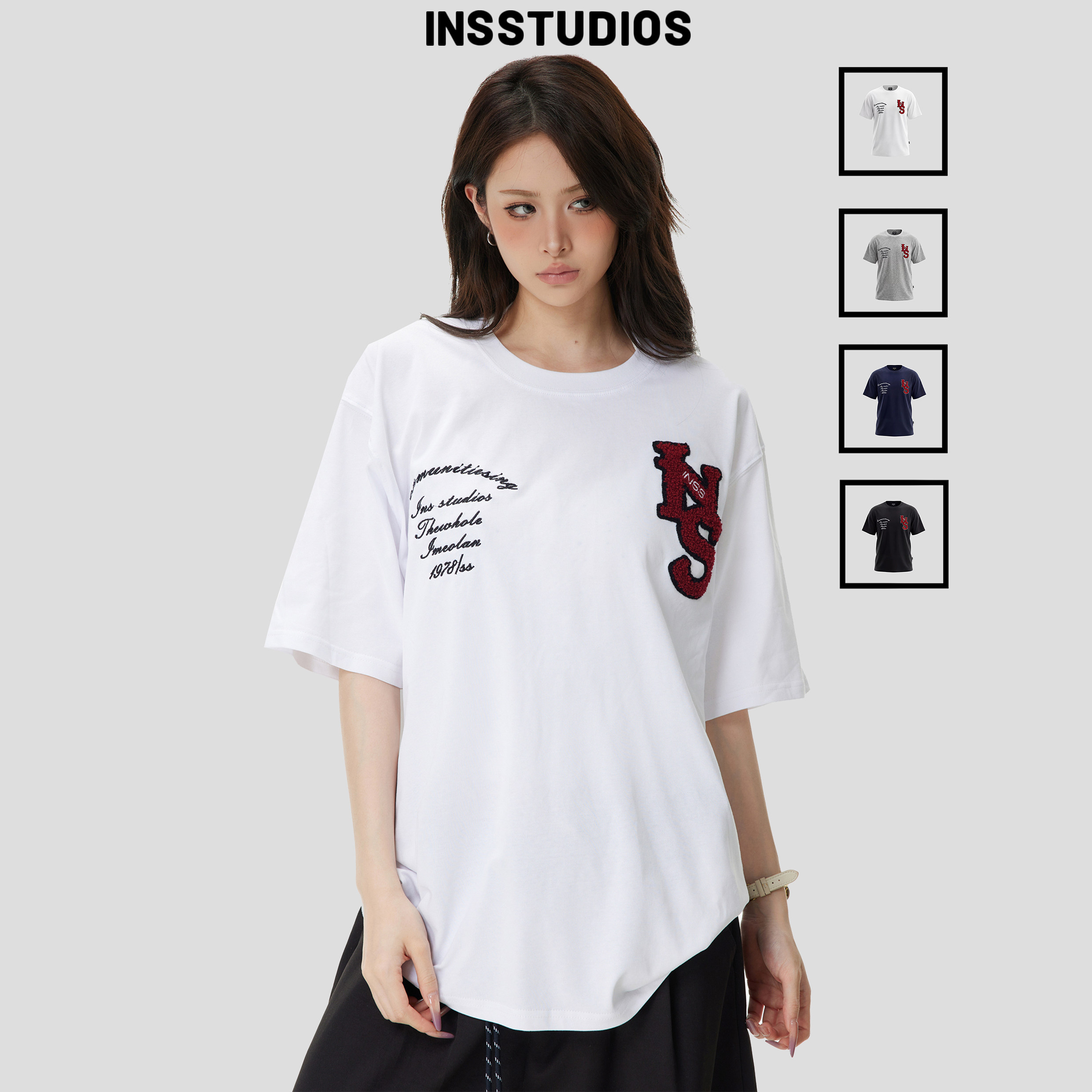 INSstudios 国潮美式「毛巾刺绣LOGO短袖」夏季宽松情侣半袖T恤男