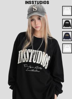INSstudios 国潮牌情侣美式彩点贴布刺绣LOGO长袖宽松春秋打底T恤