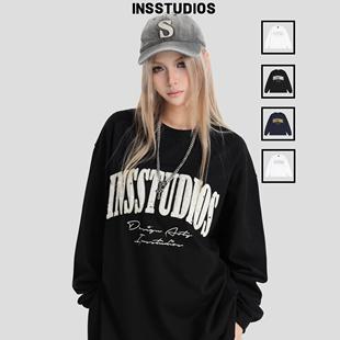 宽松春秋打底T恤 彩点贴布刺绣LOGO长袖 INSstudios 国潮牌情侣美式