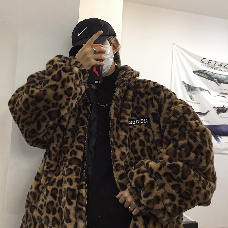 Korea studios.韩国复古冬季超火豹纹夹棉加厚毛茸茸男女棉衣外套