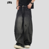 INSstudios 宽松直筒阔腿长裤 国潮牌美式 复古刮烂破洞弯刀牛仔裤