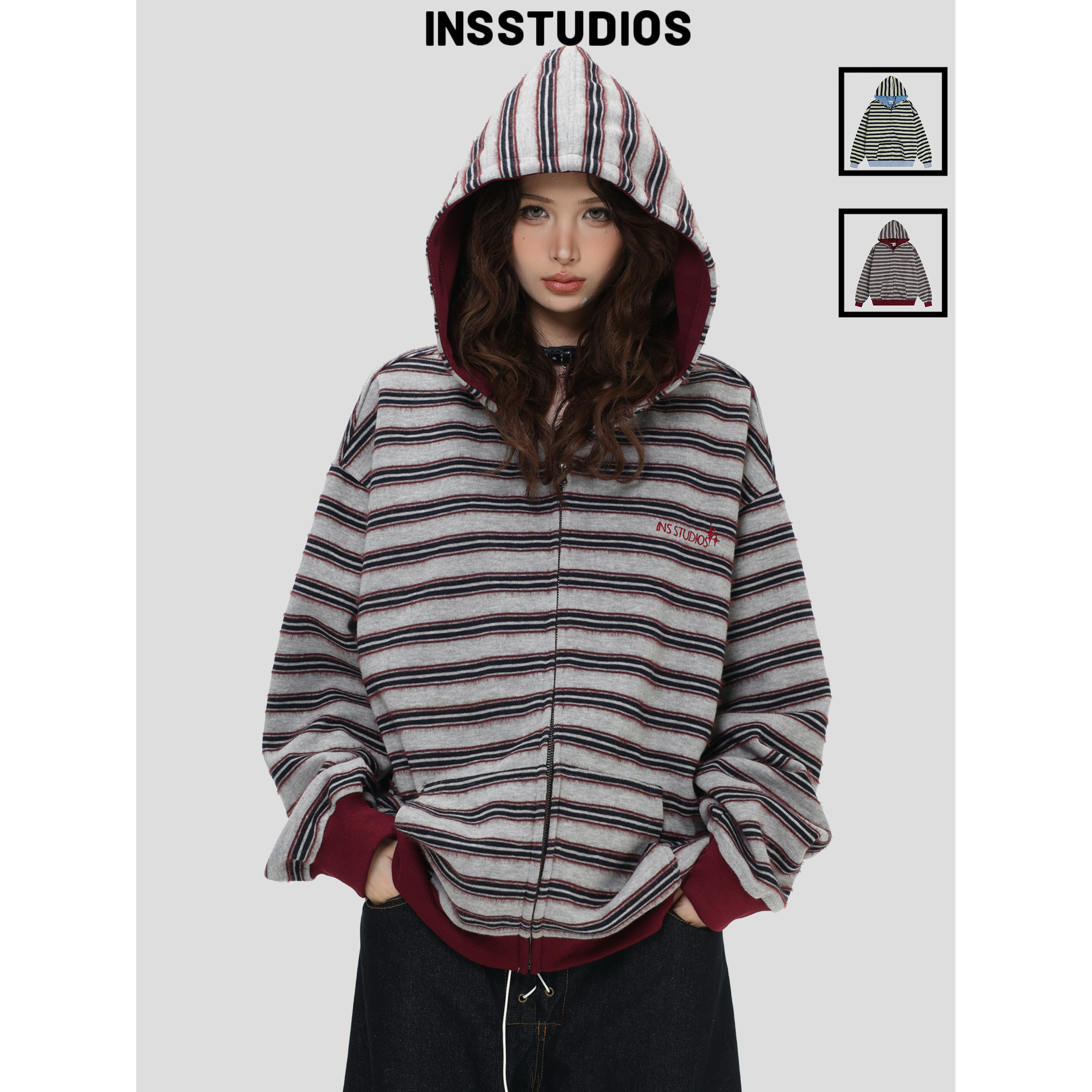 INSstudios流苏绒感条纹连帽卫衣