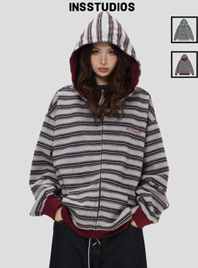 INSstudios 国潮美式「流苏绒感条纹连帽卫衣」宽松开衫拉链外套