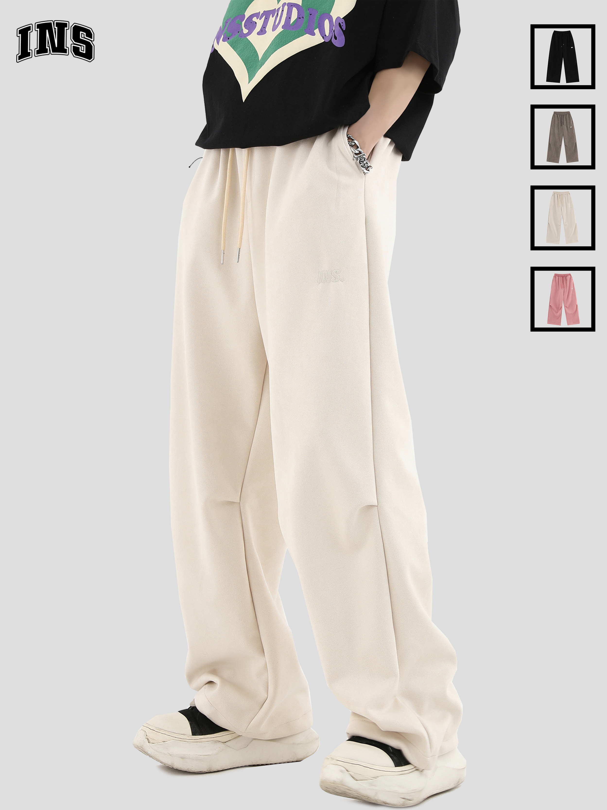 INSstudios 国潮牌情侣美式小LOGO刺绣麂皮绒休闲裤褶皱运动长裤