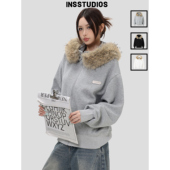 INSstudios 外套女 卫衣」显瘦开衫 国潮牌美式 「可拆卸大毛领短款