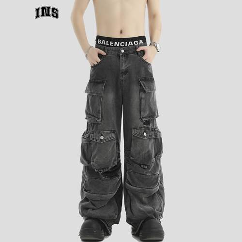 INSstudios重工磨破多口袋牛仔裤