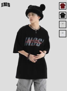 INSstudios 国潮牌情侣美式复古模糊LOGO发泡短袖宽松半袖纯棉T恤