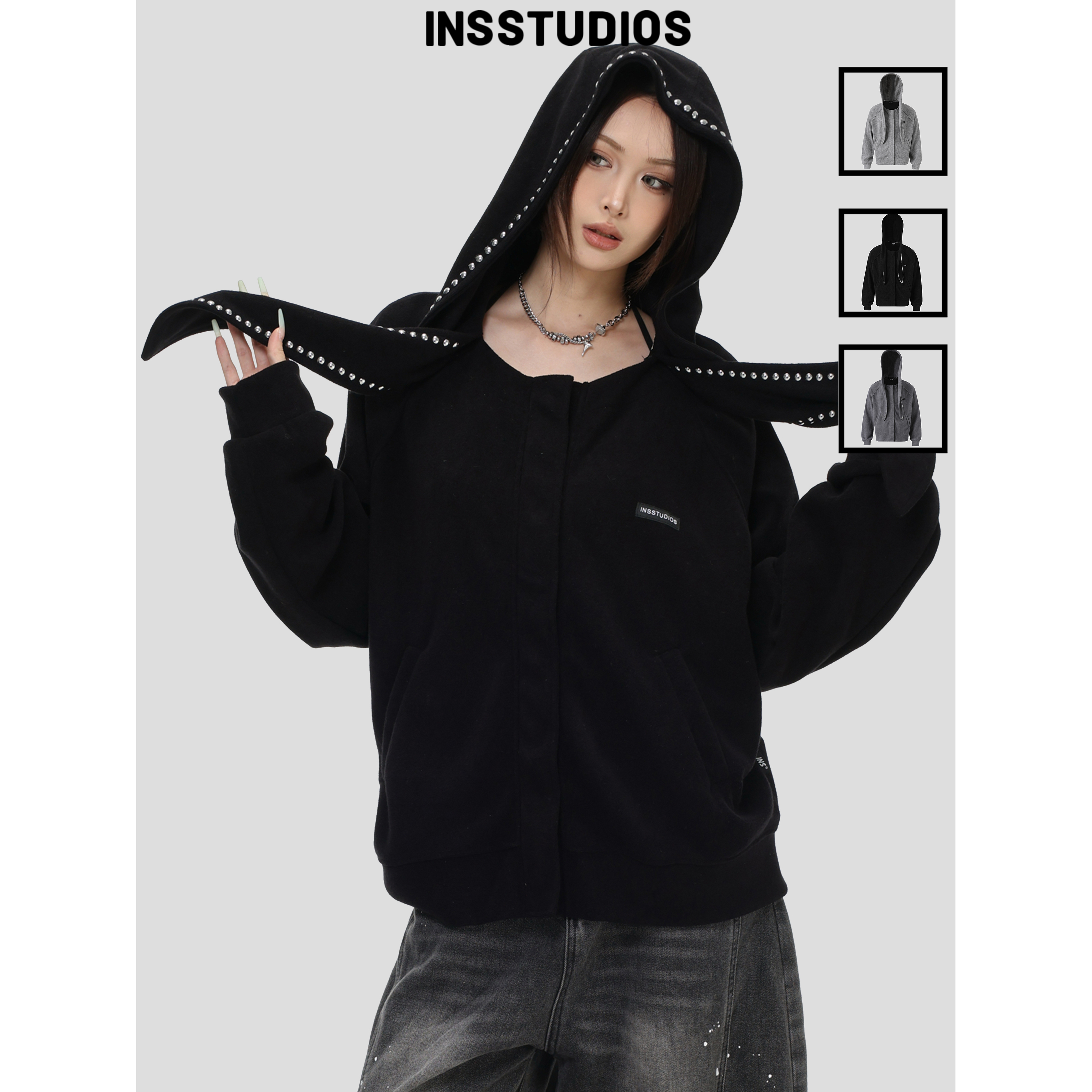 INSstudios「兔耳铆钉连帽卫衣」