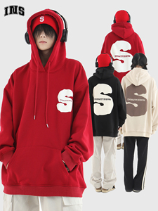 INSstudios 国潮牌情侣美式复古绒面发泡立体LOGO卫衣加绒连帽衫
