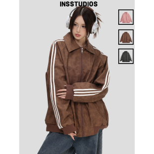 INSstudios 「三条杠插肩皮衣夹克」宽松休闲机车风外套 国潮美式