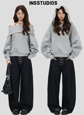 INSstudios 国潮美式「斜肩一字领连帽卫衣」宽松空气层露肩上衣