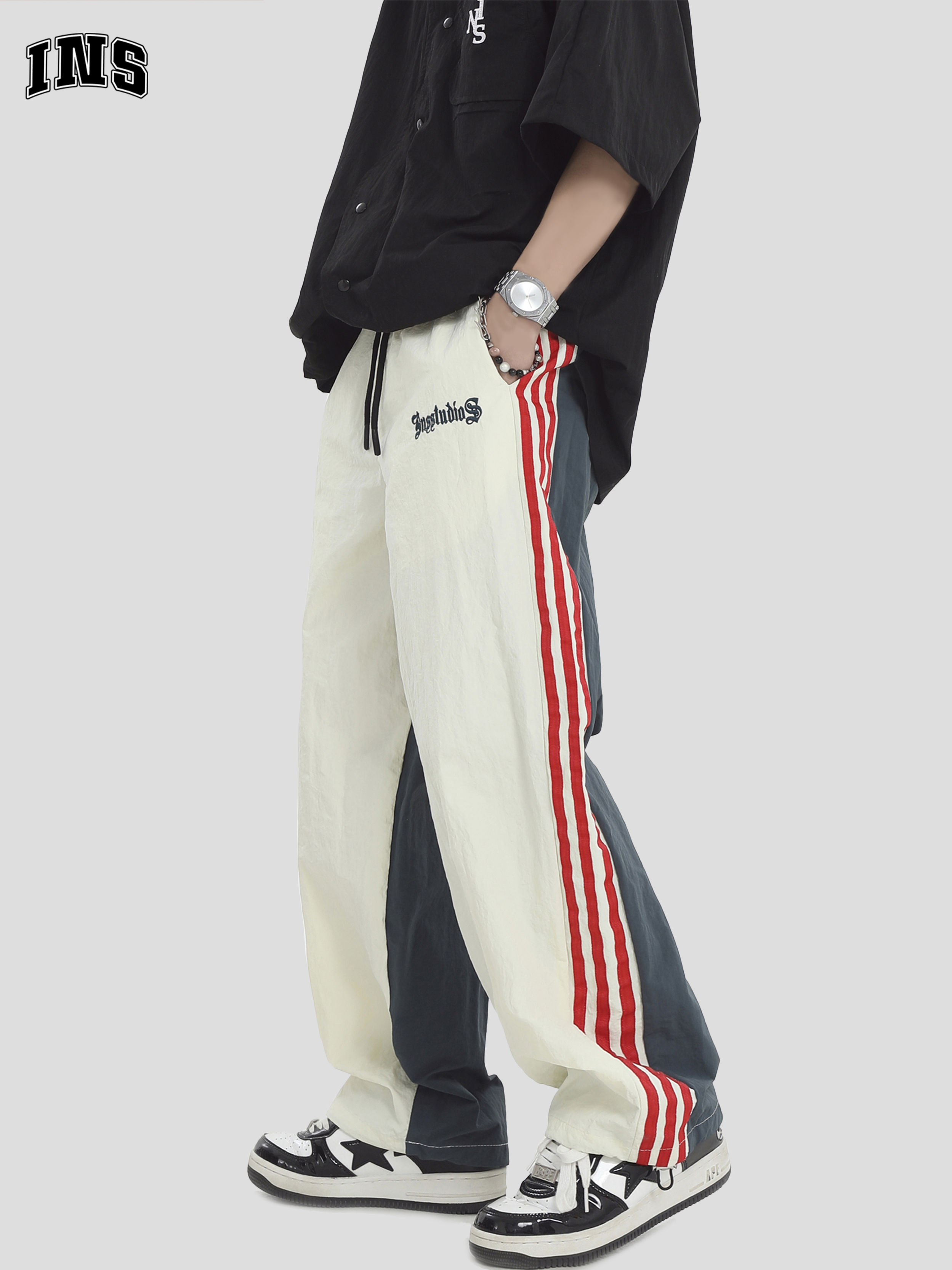 INSstudios 国潮牌情侣美式撞色拼接条纹休闲裤宽松运动裤长裤子