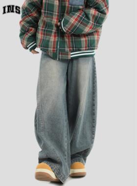 INSstudios 国潮牌情侣美式复古水洗浅蓝色牛仔裤宽松阔腿弯刀裤