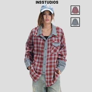 长袖 拼接牛仔格子假两件衬衫 衬衣外套 国潮牌情侣美式 INSstudios