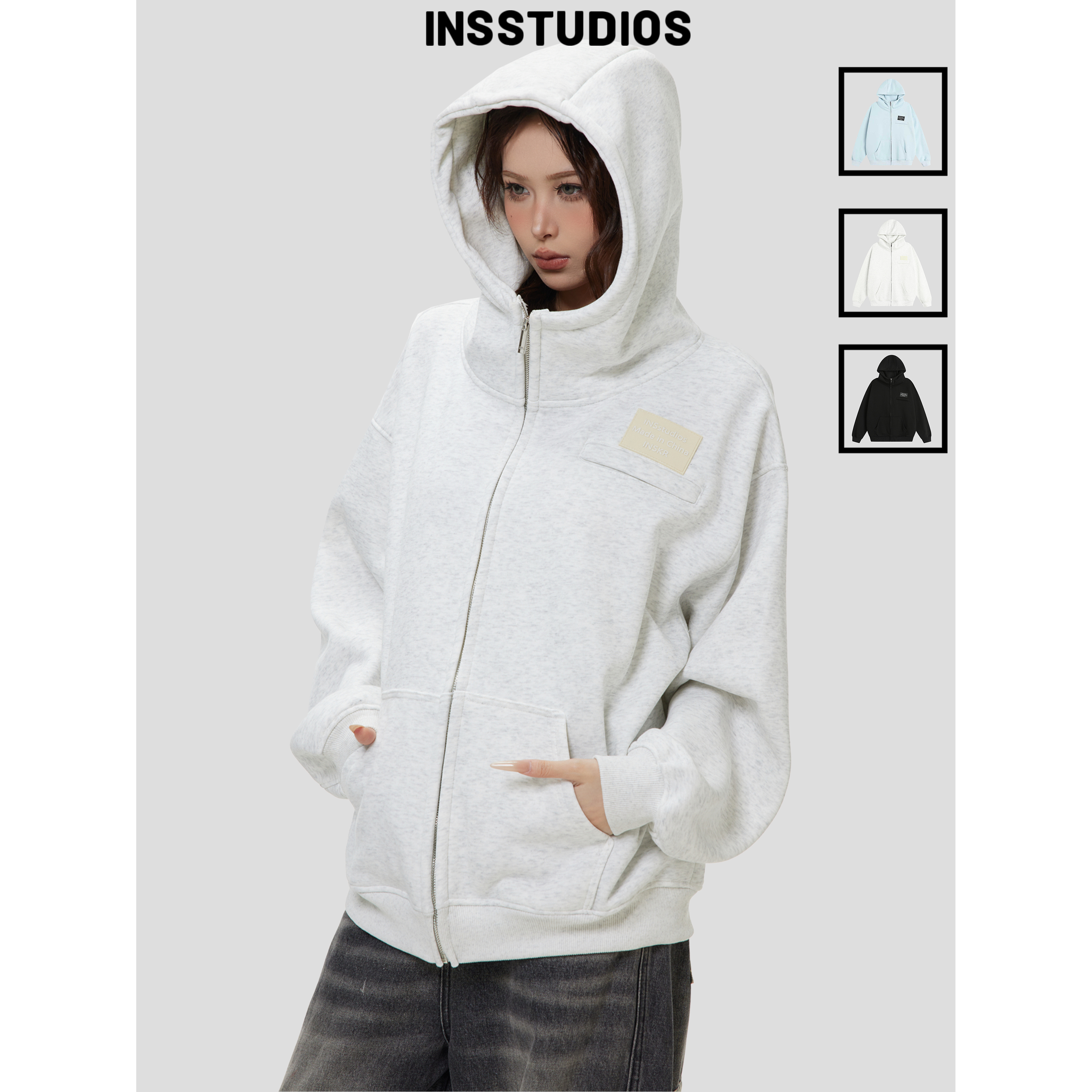 INSstudios胶标LOGO高领连帽卫衣