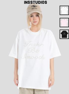 INSstudios 国潮牌情侣美式复古珍珠排版LOGO短袖宽松纯棉半袖t恤