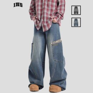 宽松阔腿牛仔裤 拼接豹纹弧形弯刀裤 男 国潮牌情侣美式 INSstudios
