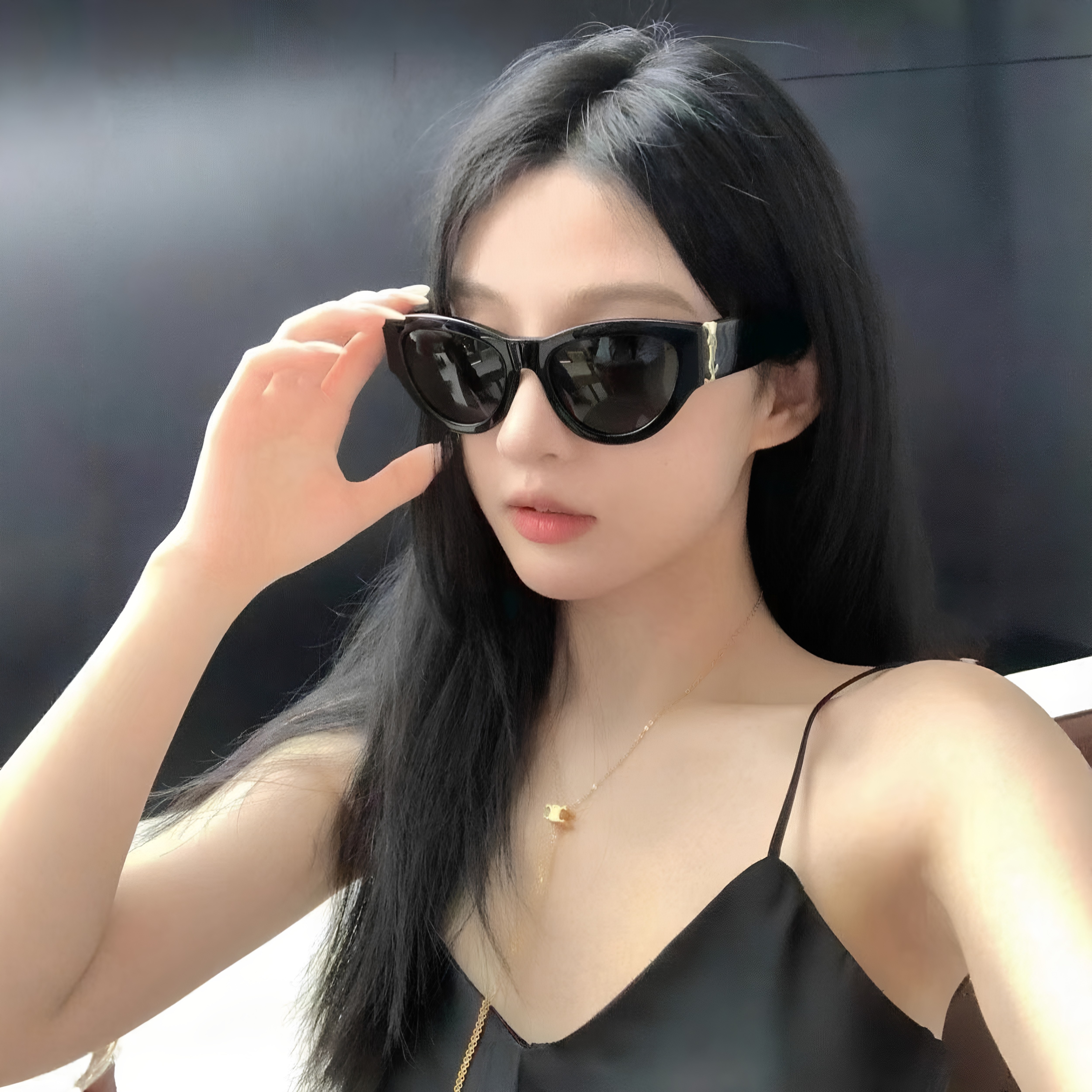 现货YSL圣罗兰黑金logo猫眼墨镜时尚SLM94太阳镜rose同款女士礼物