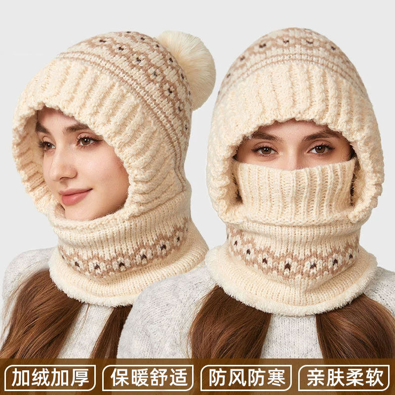 连体帽女秋冬季新款百搭加绒保暖防风寒骑行针织帽围脖口罩一体帽