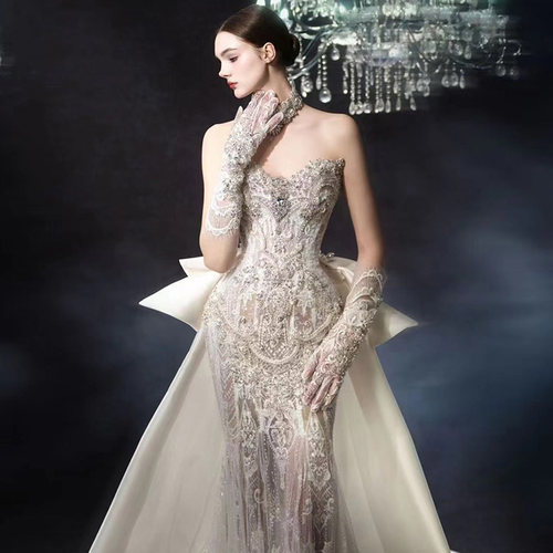 【格蕾丝殿下】2025新款婚纱新娘鱼尾裙抹胸蕾丝重工修身拖尾礼服