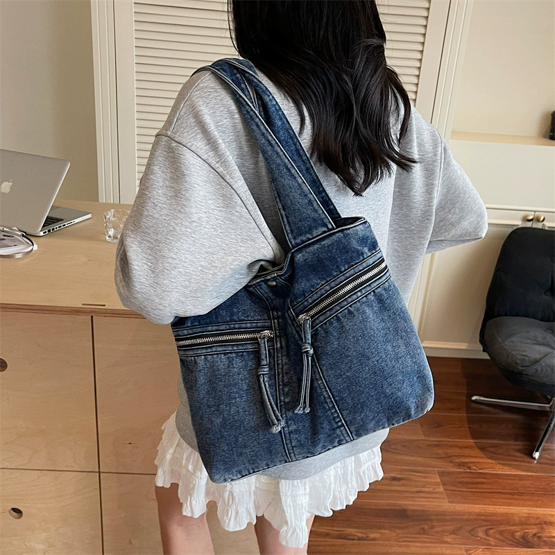 原创牛仔布包女2025新款托特包慵懒风小众学生布袋通勤单肩手提包