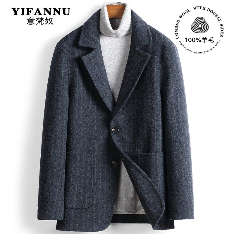 100%羊毛双面呢大衣男短款条纹毛呢小西服西装呢子夹克外套商务冬