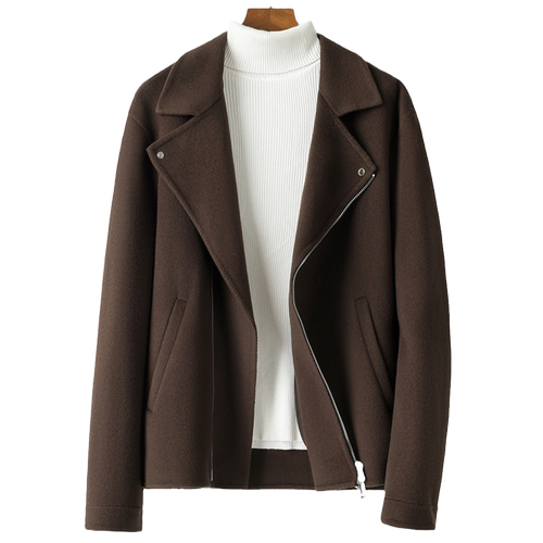 新款双面呢西装领短款夹克男士羊毛呢子大衣无羊绒机车休闲外套潮