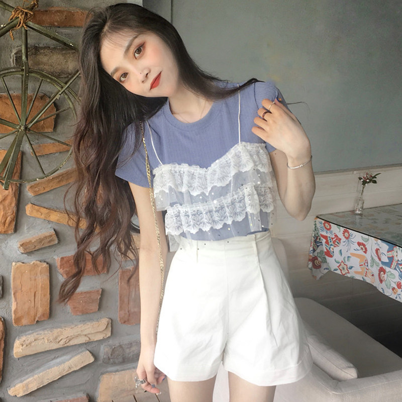 夏季韩版女装新款蕾丝拼接假两件上衣圆领短袖针织针织衫百搭T恤|msdalam kategori Butik wanita / wanita, baju-T - dari Buy2taobao.com untuk memberikan perkhidmatan ejen Taobao profesional membeli