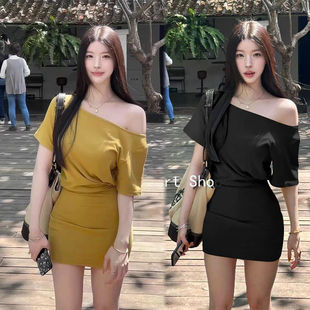 【棉高品质】小个子收腰灰色斜肩包臀裙子女夏季辣妹露肩连衣裙