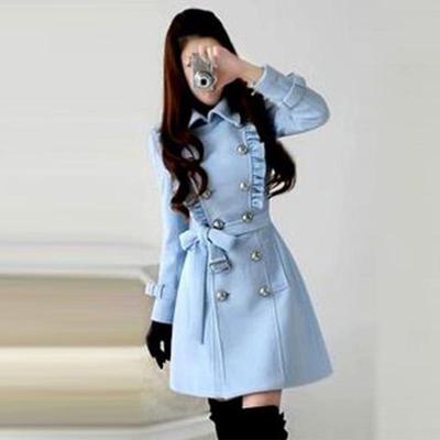 粉色淑女毛呢外套冬季中长款小个子荷叶边修身加厚双排扣呢子大衣