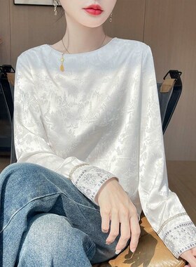 时尚缎面提花衬衫女2025新款复古国风新中式宽松上衣秋季白色衬衣