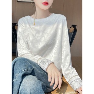 宽松上衣秋季 时尚 复古国风新中式 女2025新款 白色衬衣 缎面提花衬衫