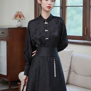 明制立领对襟衬衫新中式飞机袖衬衣日常秋冬汉服女装百搭通勤上衣