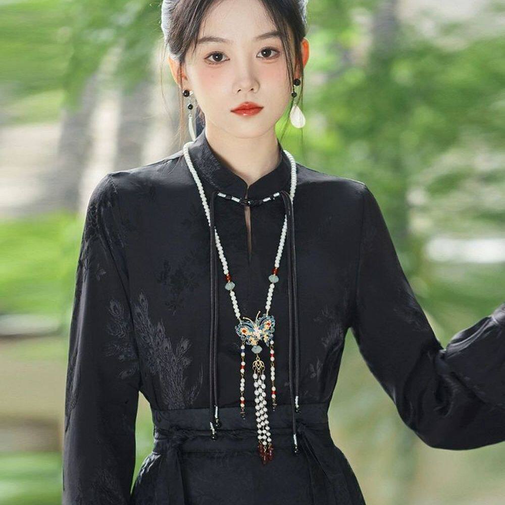 新中式国风黑色立领衬衫长袖1146