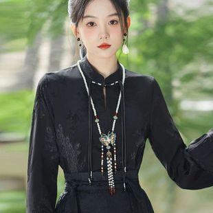 秋季黑色立领衬衫长袖新中式国风改良汉服上衣配马面裙的衬衣女款