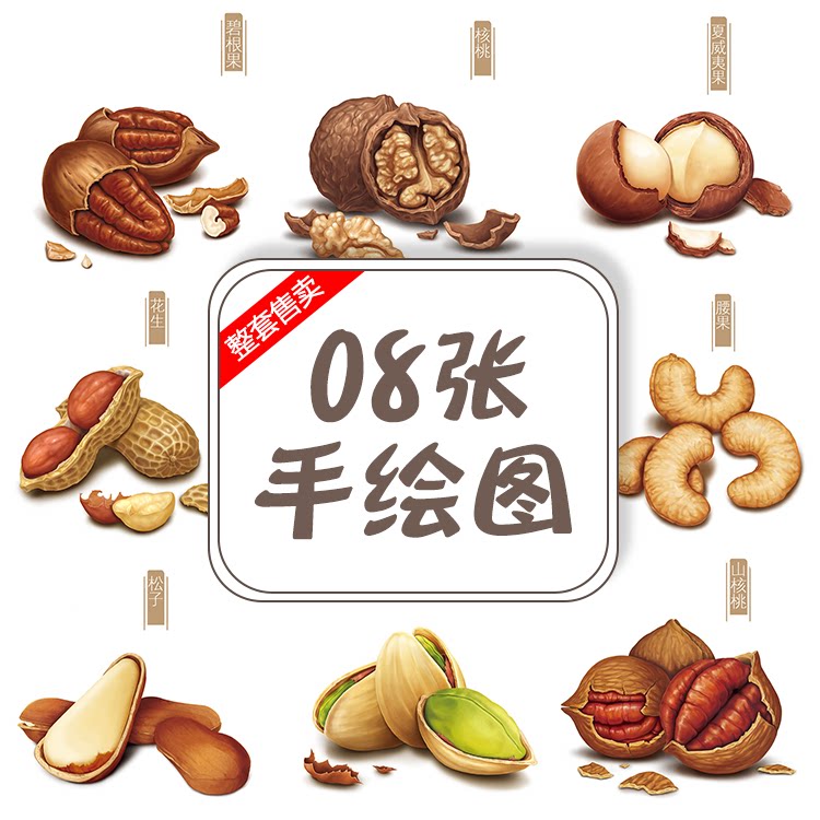 手绘零食腰果开心果核桃花生坚果插画图案jpg白底图片设计素材图