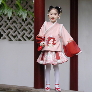 洛竹原创女童汉服冬季改良明制加绒冬款兔子刺绣中国风唐装汉服