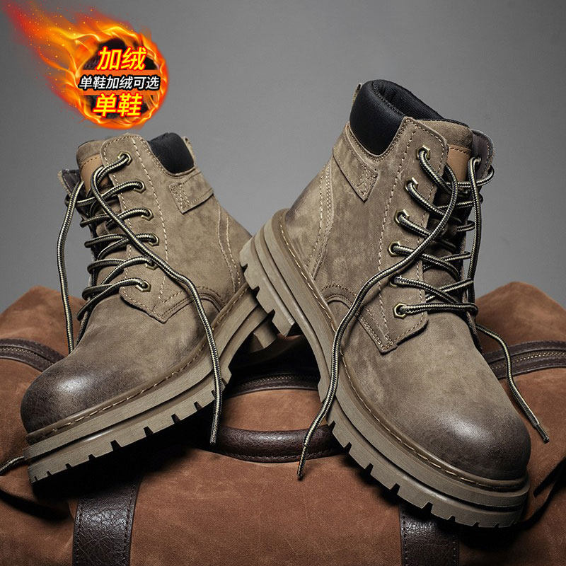 TOP LAYER COWHIDE MARTIN BOOTSMENS GENUINE LEATHER DESERT CARGO SHOES WINTER FLEECE COTTON SHOES ENGLISH LEATHER SHOES HIGH-TOP SNOW BOOTS