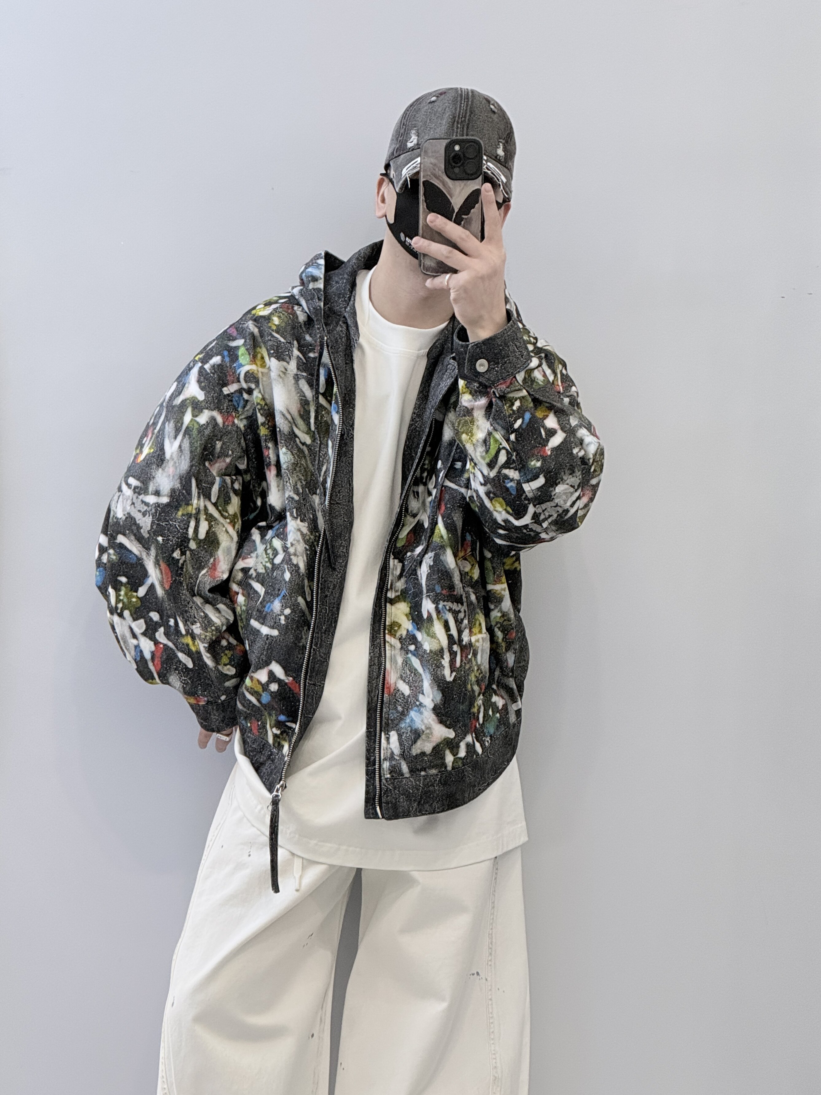 春季新款设计感涂鸦印花连帽外套男潮流宽松休闲百搭廓形夹克上衣