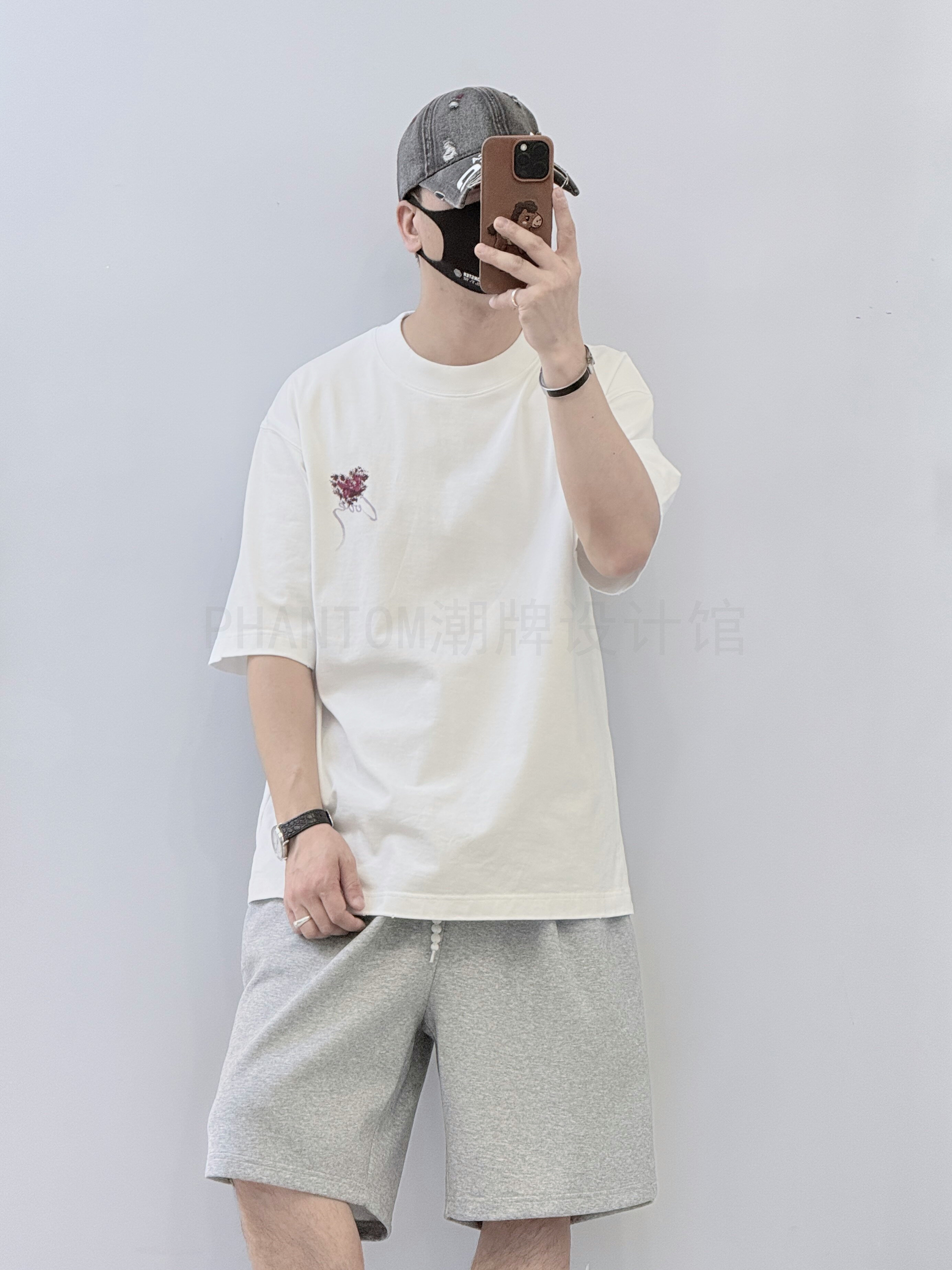 潮牌美式手绘玫瑰花设计小众短袖男夏季宽松休闲百搭圆领纯棉T恤