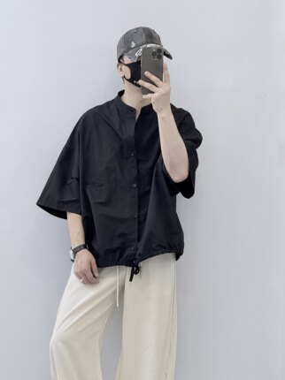 潮牌美式设计感褶皱拼接短袖衬衫男夏季宽松休闲百搭衬衣潮牌上衣
