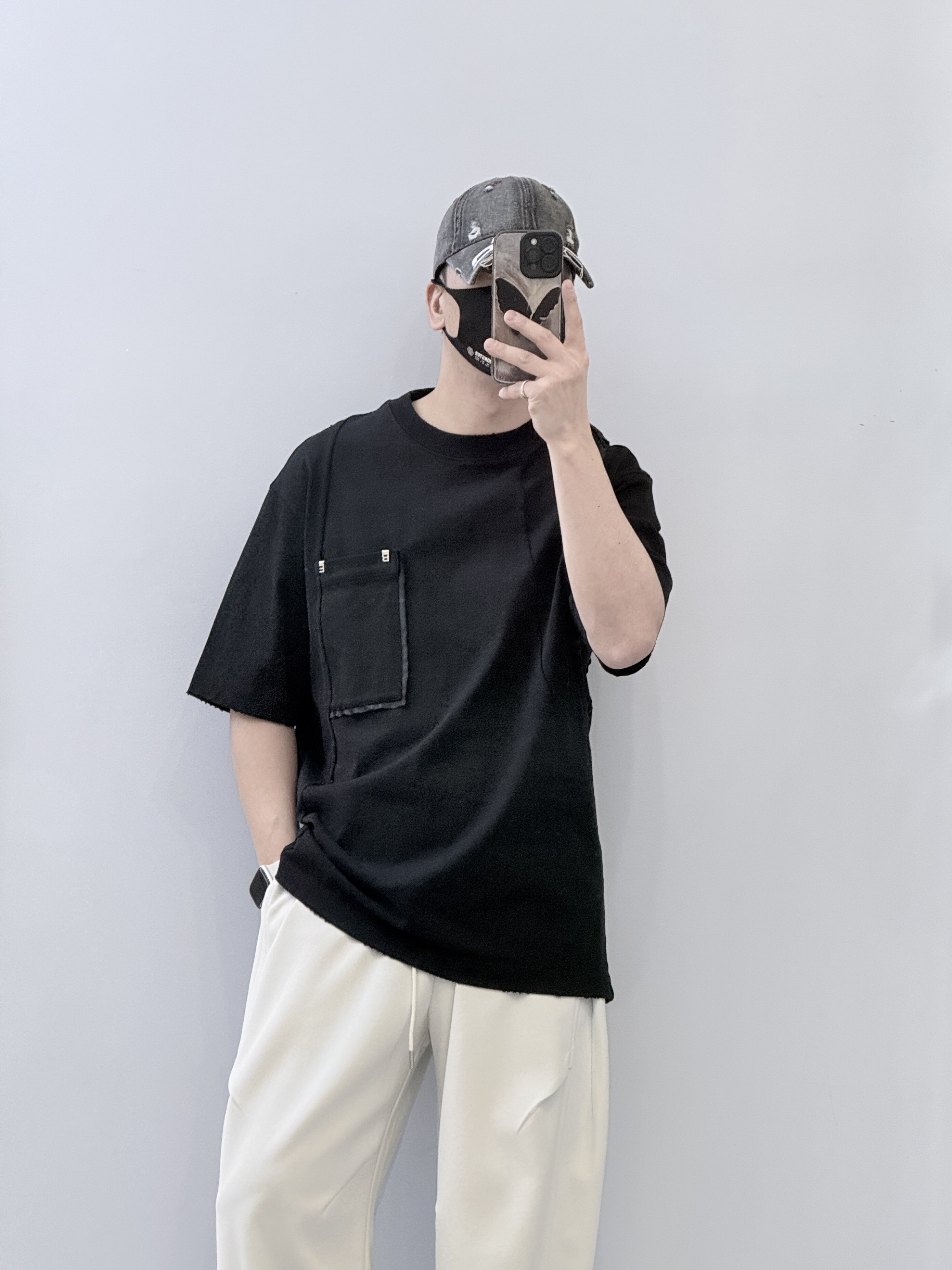 潮牌美式高街口袋装饰短袖男夏季宽松休闲百搭圆领纯棉T恤上衣